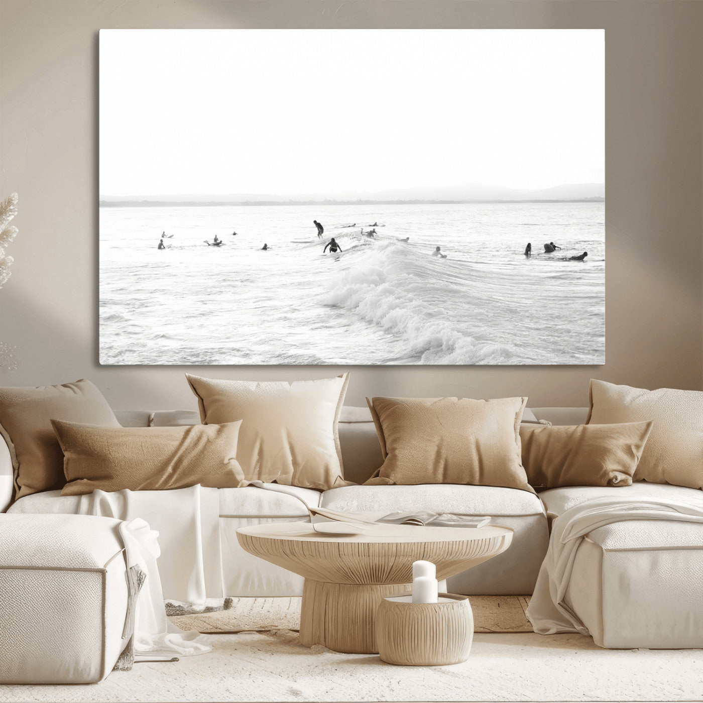 Monochrome photo of surfers riding and waiting on ocean waves, ideal for surf-themed or coastal energy wall decor.