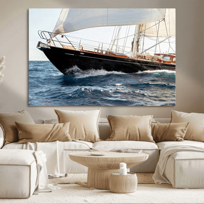 Close-up of a classic sailing yacht with wooden deck and full sails, perfect for nautical or coastal-style decor in ocean-themed spaces.