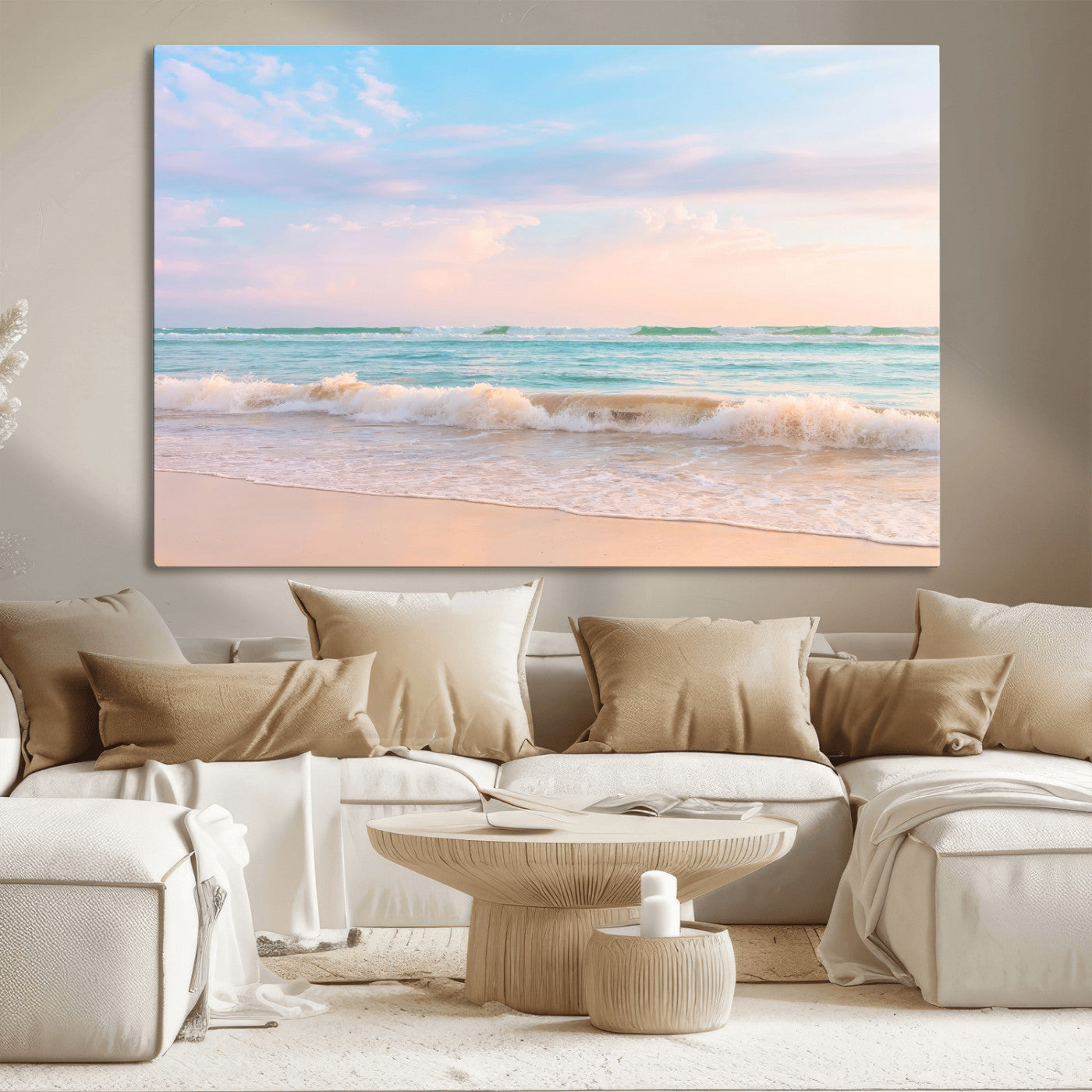 Pastel-toned ocean waves under soft sunset skies, ideal for pastel coastal or serene beach-style home decor.