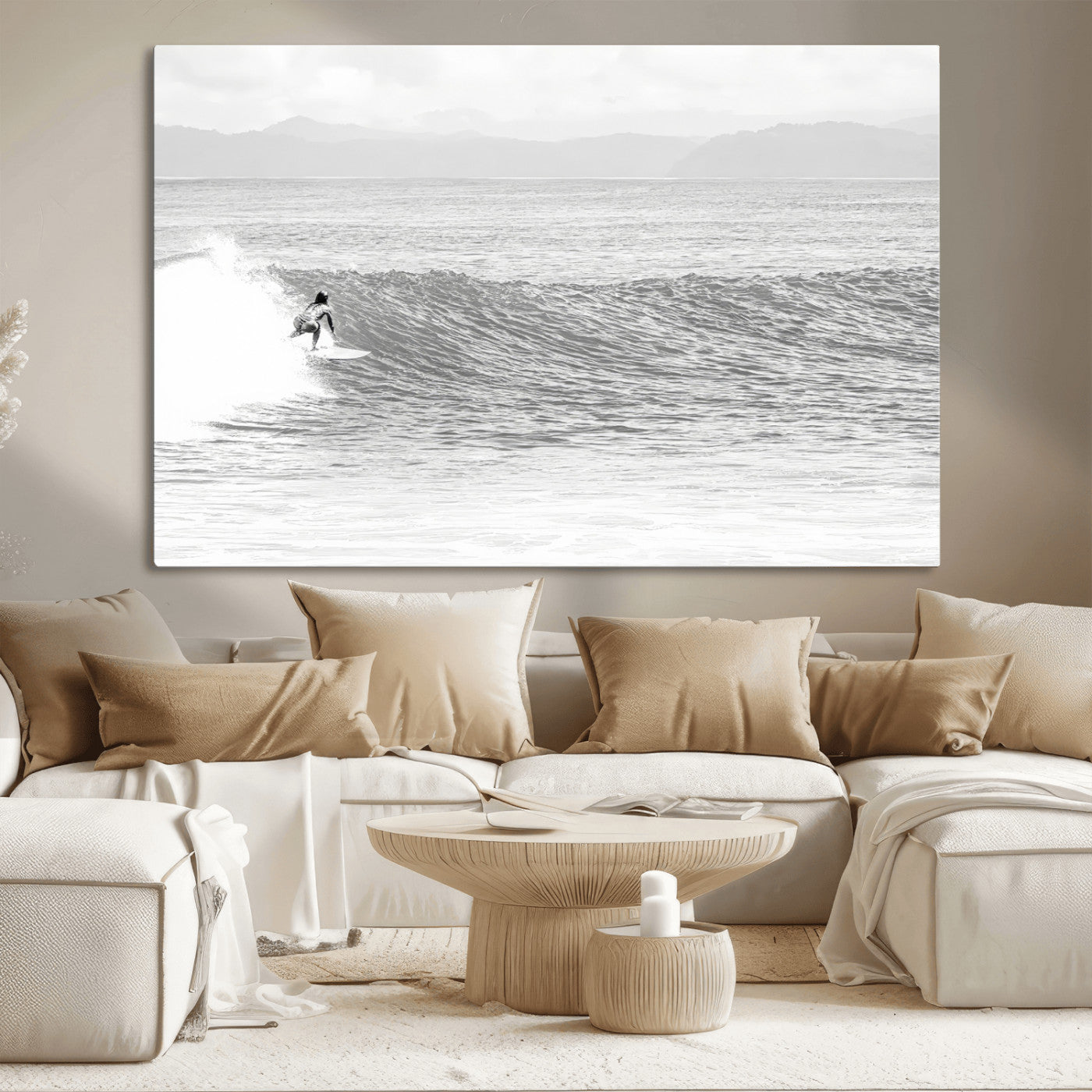 Monochrome photo of a surfer riding a wave with distant mountains, ideal for coastal motion or black and white surf-themed wall decor.