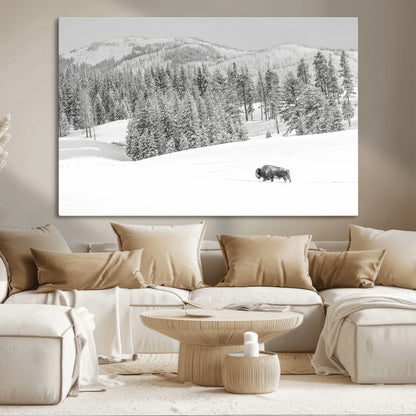 Snowy bison walking through white forest landscape, ideal for monochrome winter or wilderness-style interior wall decoration.