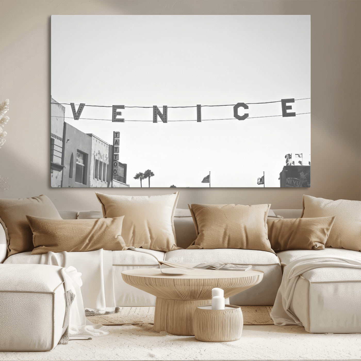 Black and white photo of Venice Beach sign and palm-lined street, perfect for urban coastal or minimalist LA-inspired wall decoration.