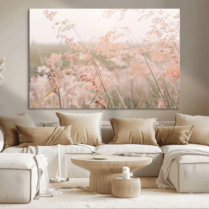 Soft pastel field with wild grasses in warm light, ideal for minimal nature or airy countryside-inspired interior wall decoration.