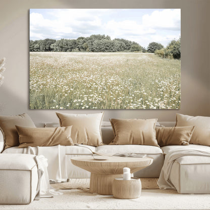 Soft-toned image of a wild daisy field under a cloudy sky, ideal for neutral or Scandinavian-inspired home decor.