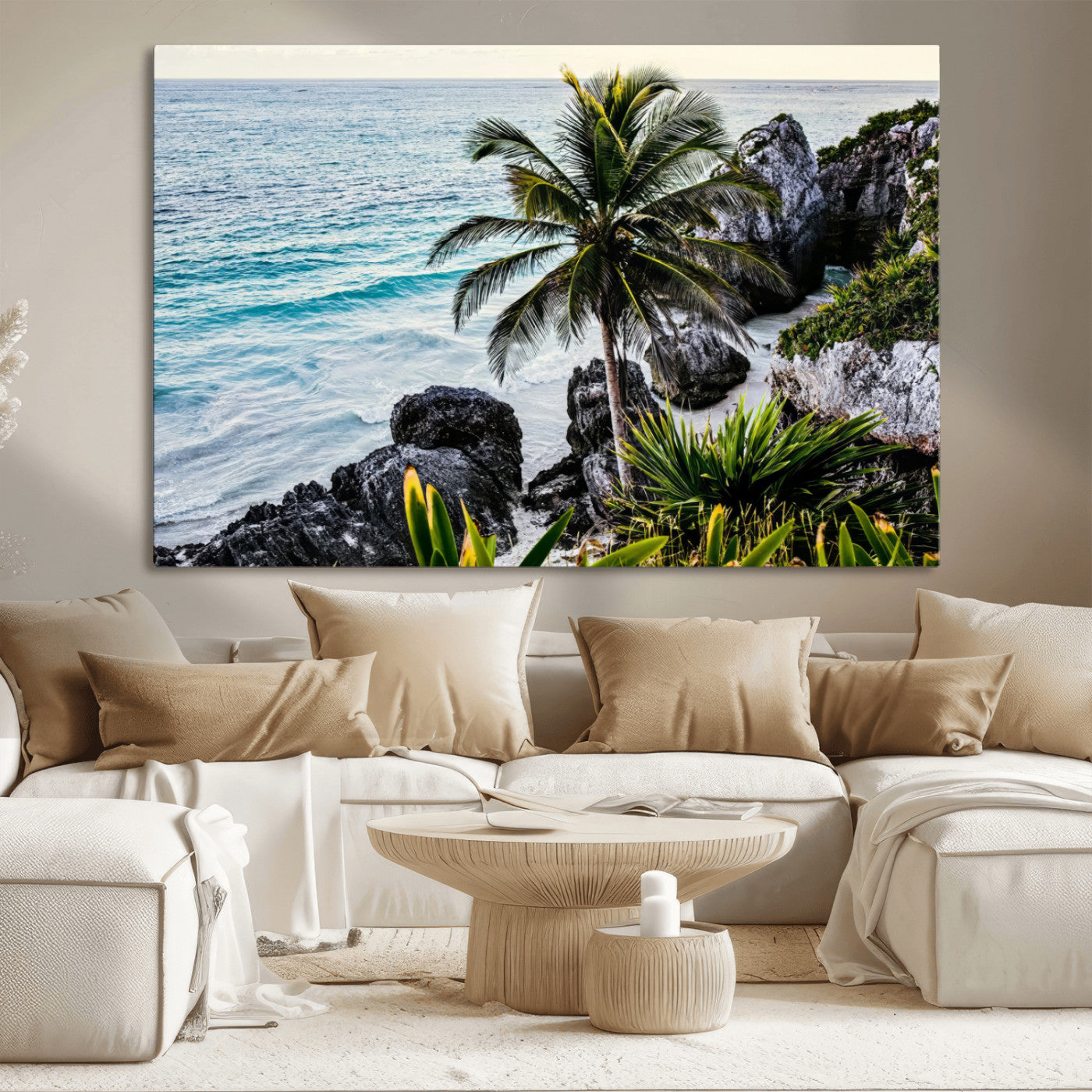 Framed canvas of a vibrant tropical coastline with palm trees, rocky cliffs, and turquoise waters, ideal for tropical coastal home decor.