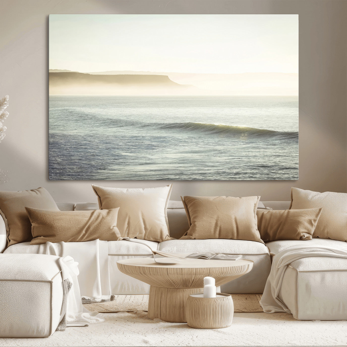 Canvas of a misty ocean scene with coastal cliffs and soft neutral tones, ideal for Scandinavian coastal or minimalist nature-inspired home decor.