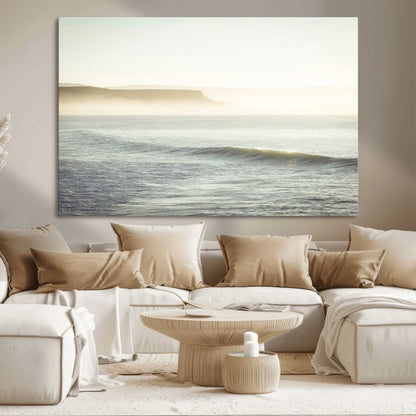 Canvas of a misty ocean scene with coastal cliffs and soft neutral tones, ideal for Scandinavian coastal or minimalist nature-inspired home decor.