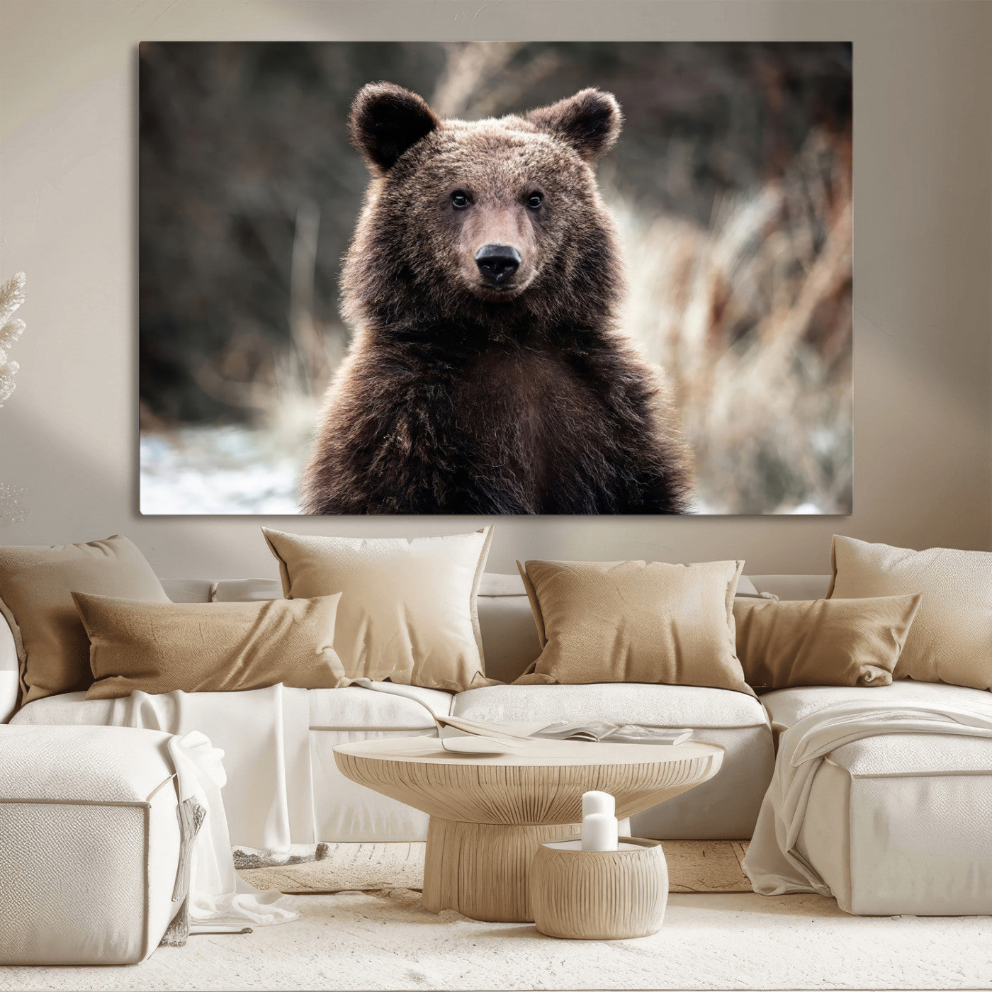 Canvas of a brown bear in soft earthy tones and moody forest light, ideal for rustic cabin or woodland nature-themed home decor.