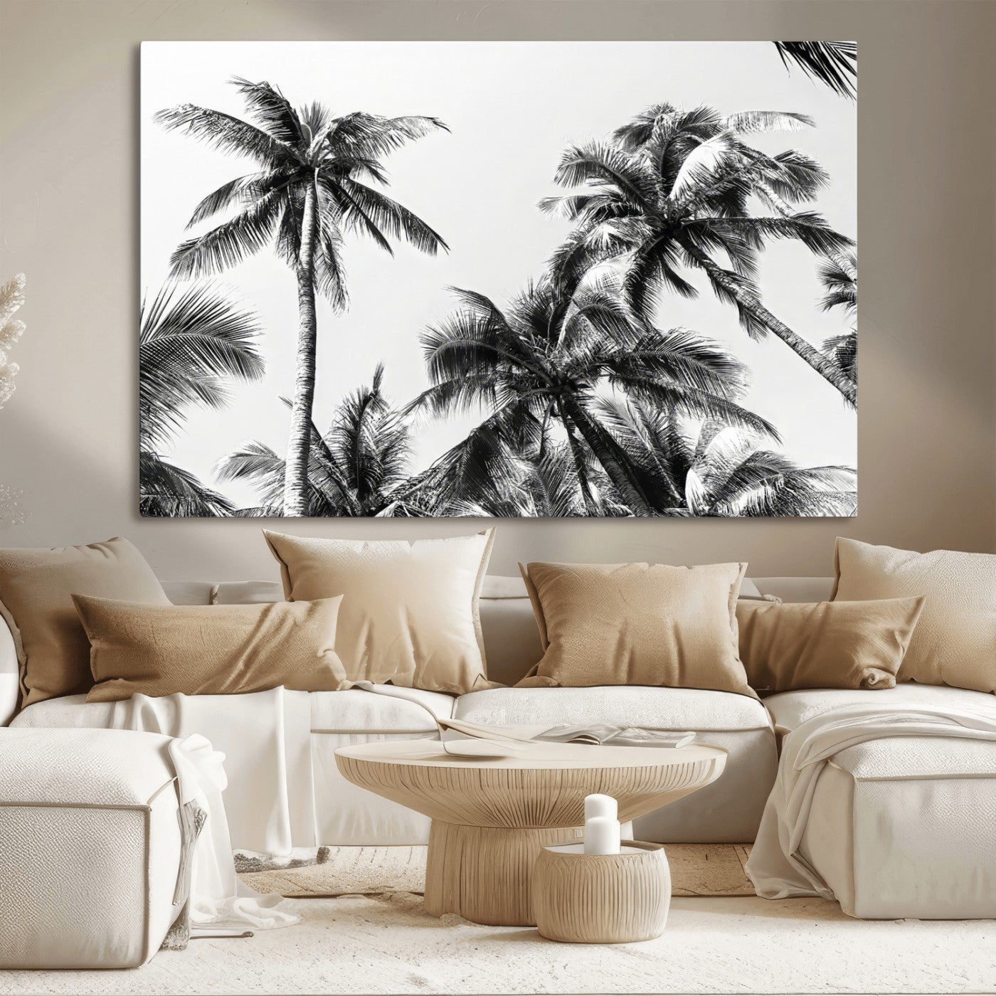Black and white canvas of tall palm trees in moody tones, perfect for modern tropical minimalist or coastal-style home decor.