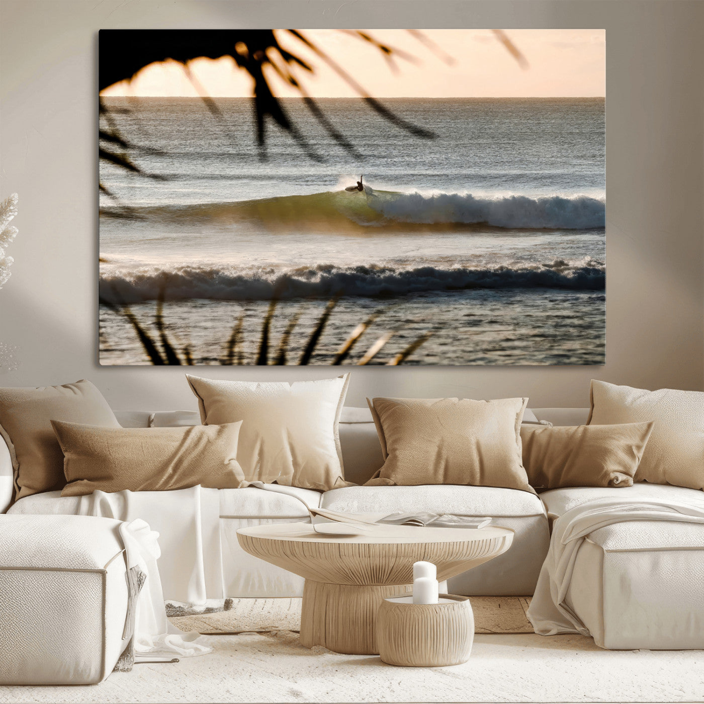 Photo of a surfer riding a golden hour wave at sunset, with tropical tones and dreamy light, perfect for tropical boho or coastal home decor.