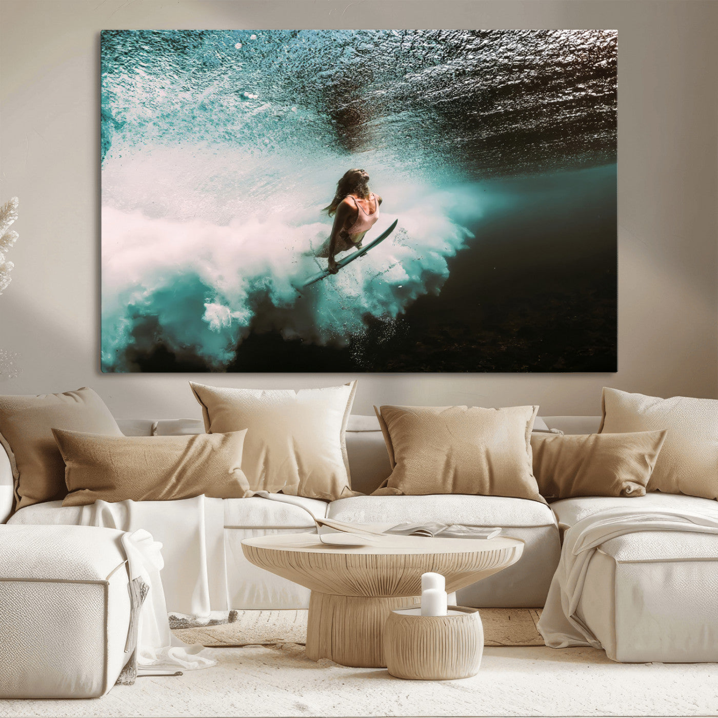 Vibrant underwater photo of a female surfer diving through turquoise waves, perfect for coastal boho or surf-inspired home decor.