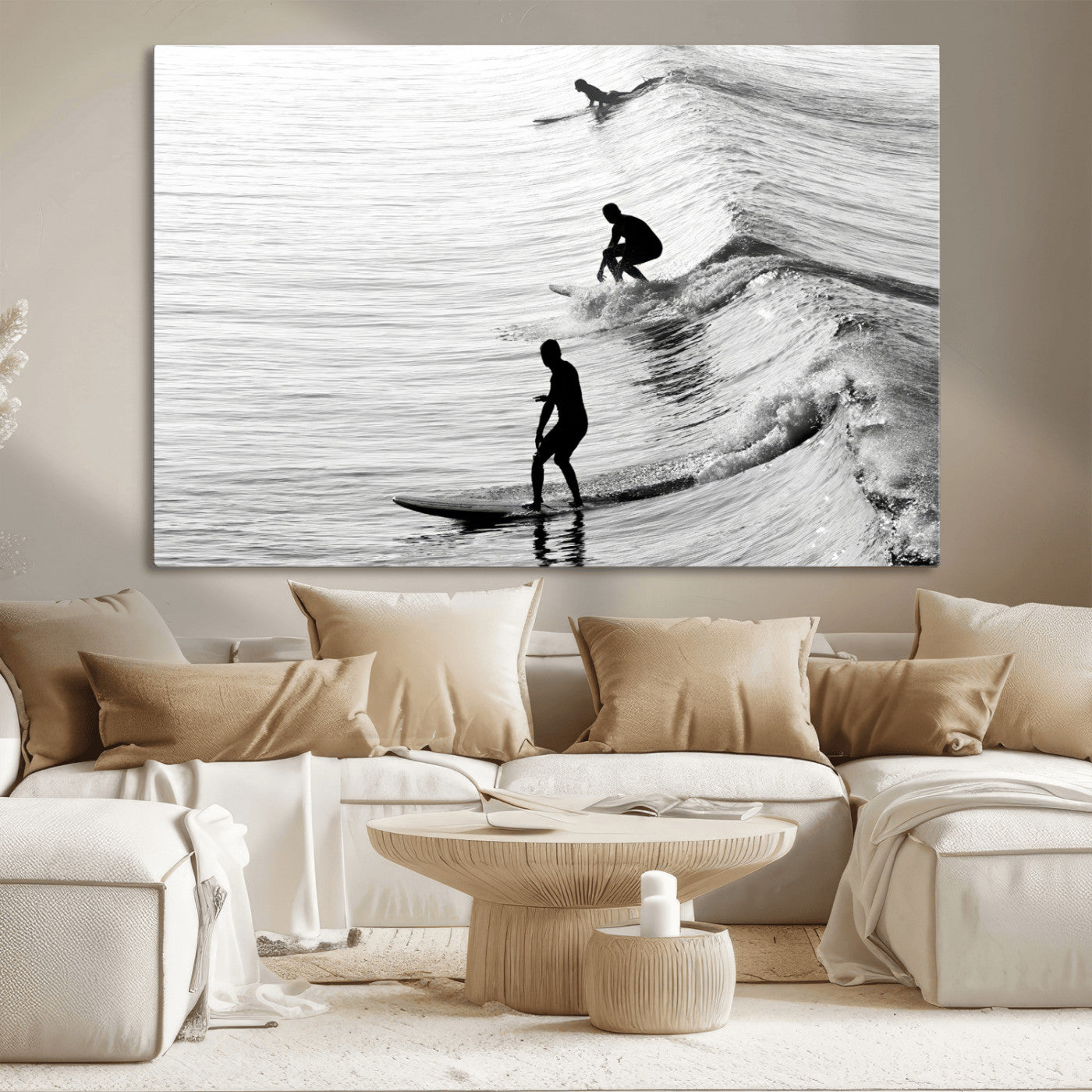 Black and white photo of surfers riding waves in a moody, high-contrast scene, ideal for modern coastal or surf-inspired home decor.