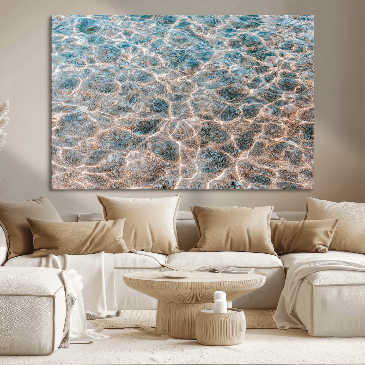 Close-up of sunlit ocean ripples with aqua blue and golden tones, ideal for modern coastal or minimalist home decor.