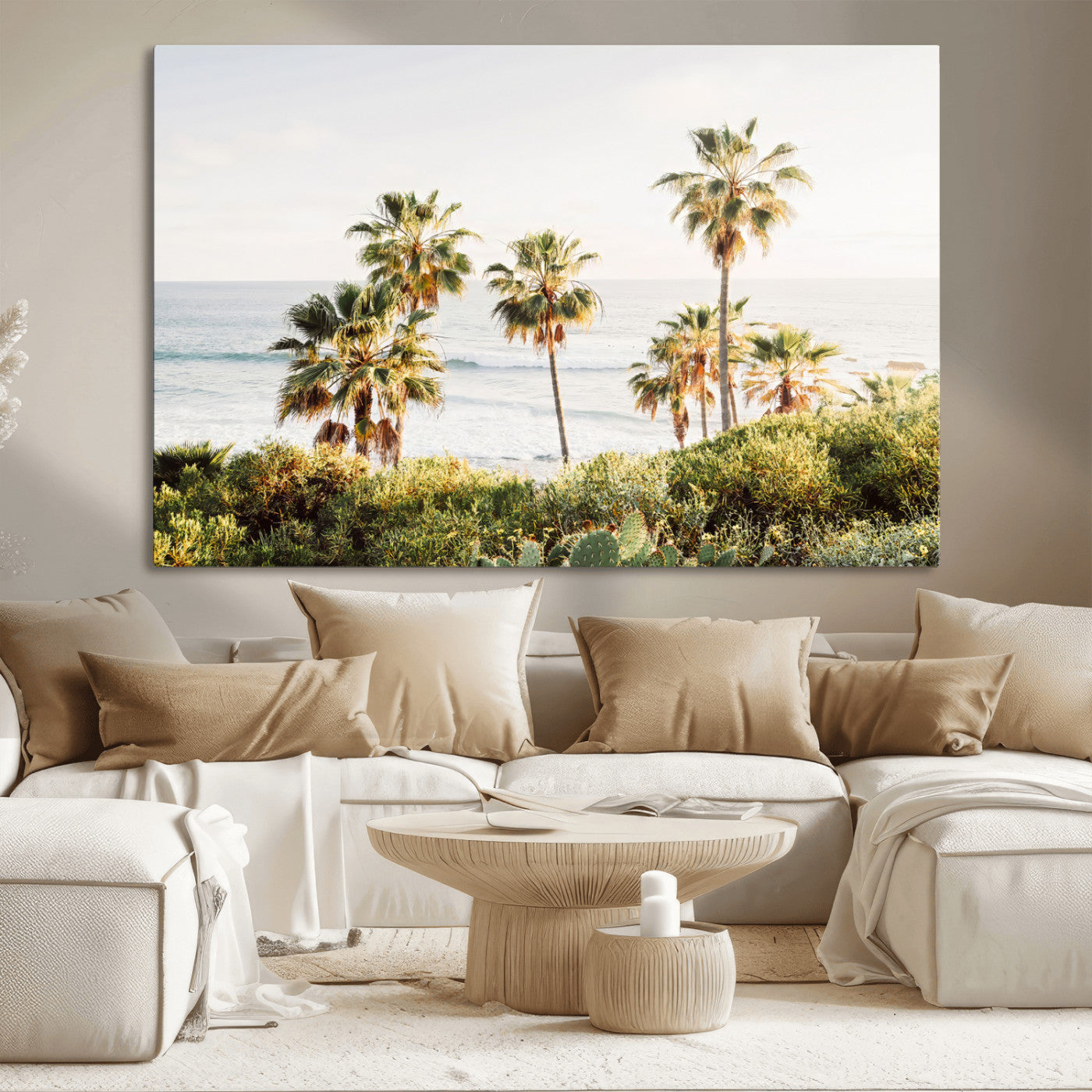 Framed print of sunlit palm trees on the California coast with warm tones, perfect for coastal minimalist or beach-style home decor.