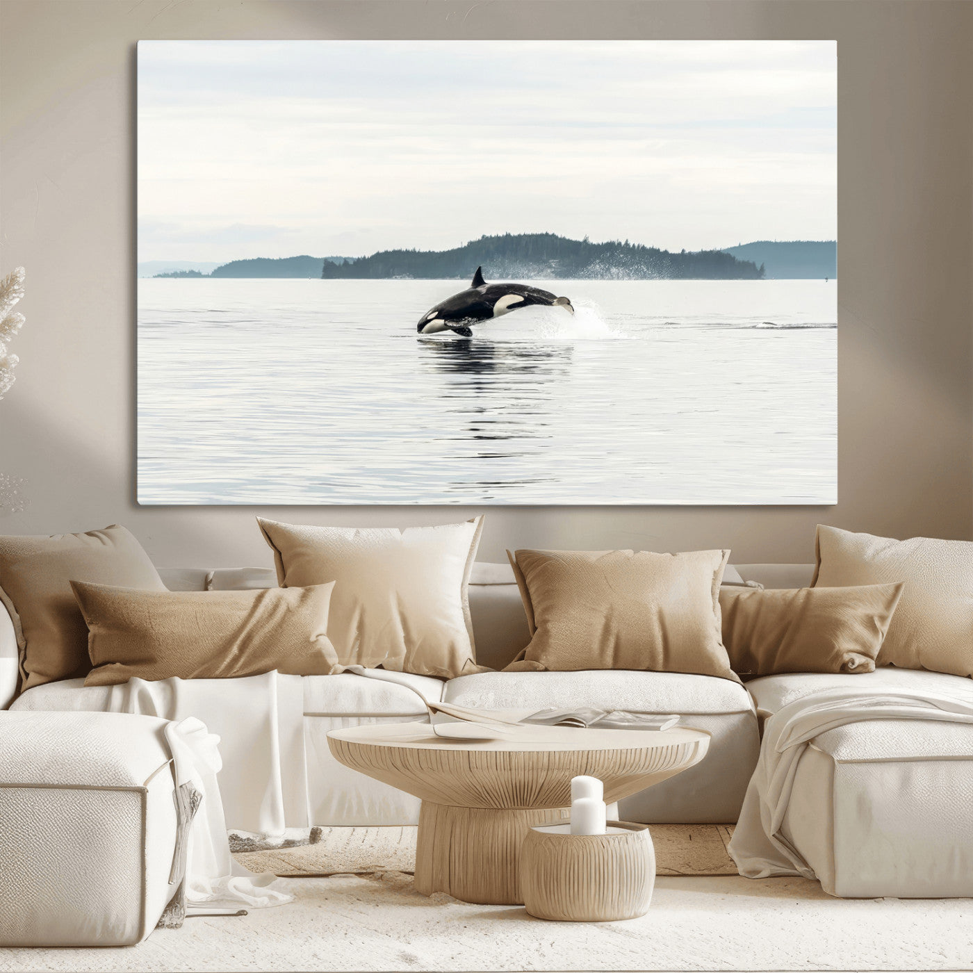 An orca jumping out of calm ocean waters with a misty island in the background, creating a serene and minimalist marine wildlife scene.