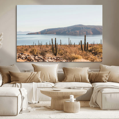 Warm desert landscape with cacti and coastal mountains, perfect for southwestern or earthy calm-themed home wall decor.