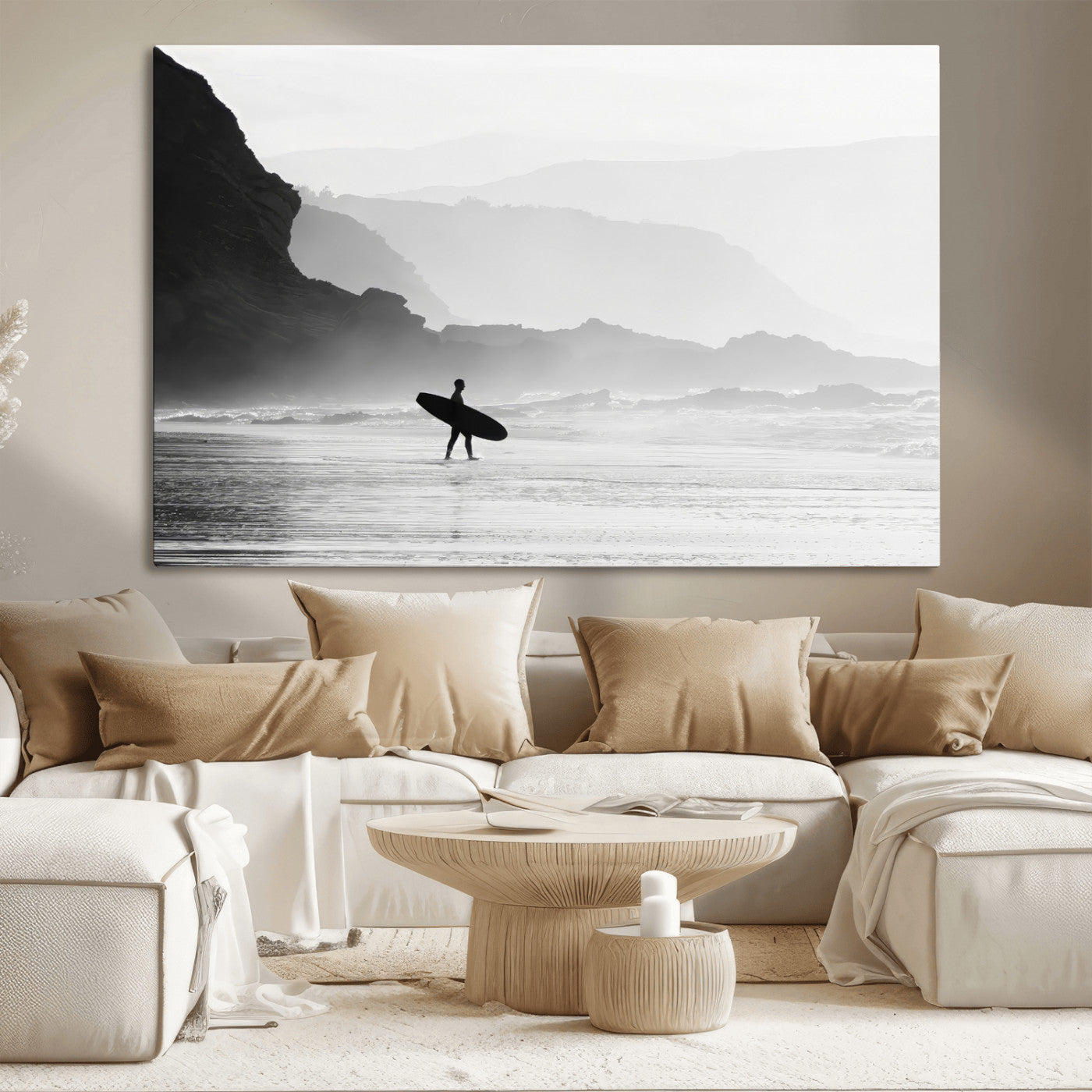 A lone surfer walking along a misty beach with cliffs in the background, carrying their board, capturing a serene and minimal ocean moment.