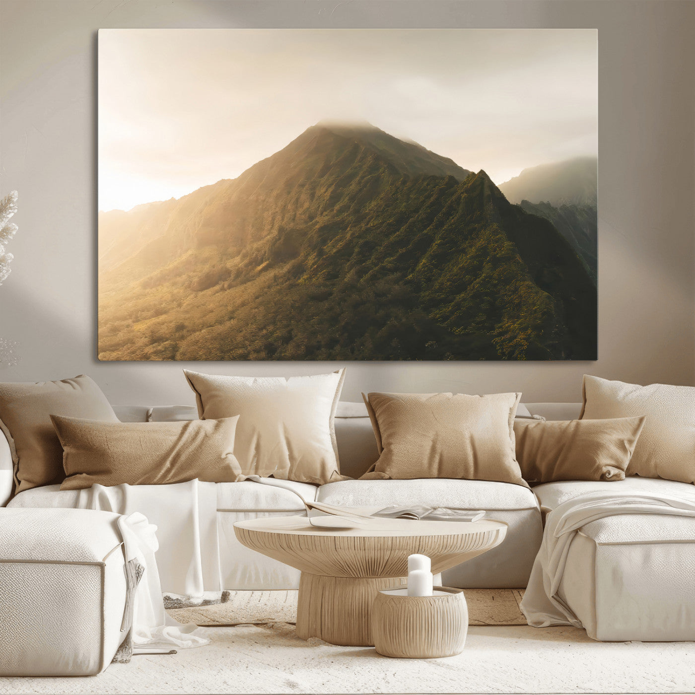Sunlit mountain peak with mist rolling over its rugged slopes, bathed in golden light, creating a warm and tranquil nature-inspired scene.