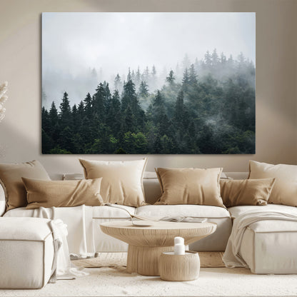 A misty evergreen forest shrouded in soft fog, creating a tranquil and moody landscape with lush green trees fading into the distance.