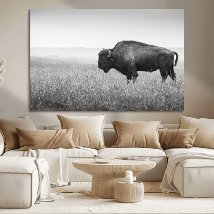 A black and white photograph of a majestic bison standing in a vast grassy prairie, evoking a sense of wilderness and strength.