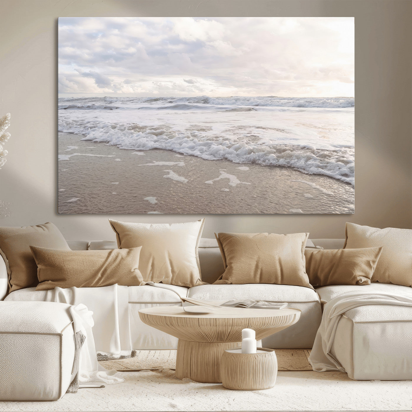Peaceful ocean waves rolling onto the sandy shore under soft light, perfect for neutral or coastal minimalist decor themes.