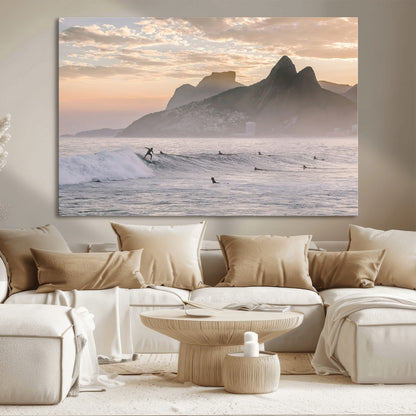 A surfer rides a golden hour wave near misty coastal mountains, surrounded by fellow surfers, capturing the spirit of a coastal adventure.