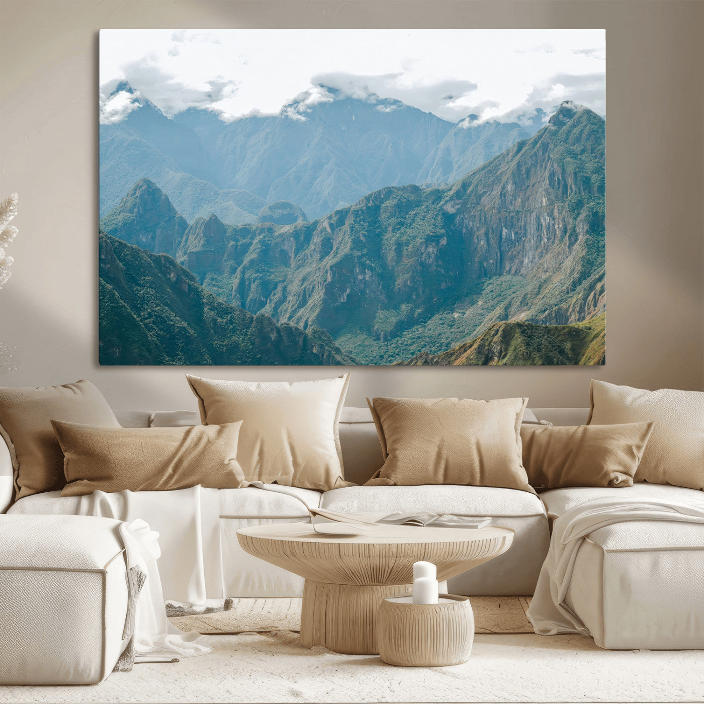 A misty mountain landscape with cloud-covered Andean peaks and lush green valleys, creating a dramatic and serene view, perfect for rustic or nature-inspired home decor.