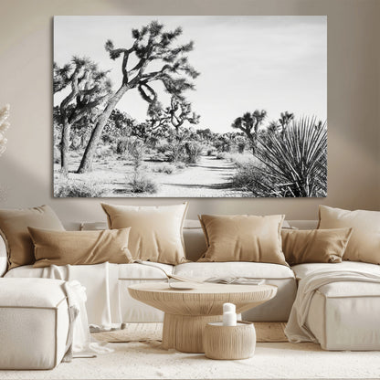 Canvas of a Joshua Tree forest in black and white tones, featuring a desert path and spiky vegetation, ideal for minimalist or rustic decor.