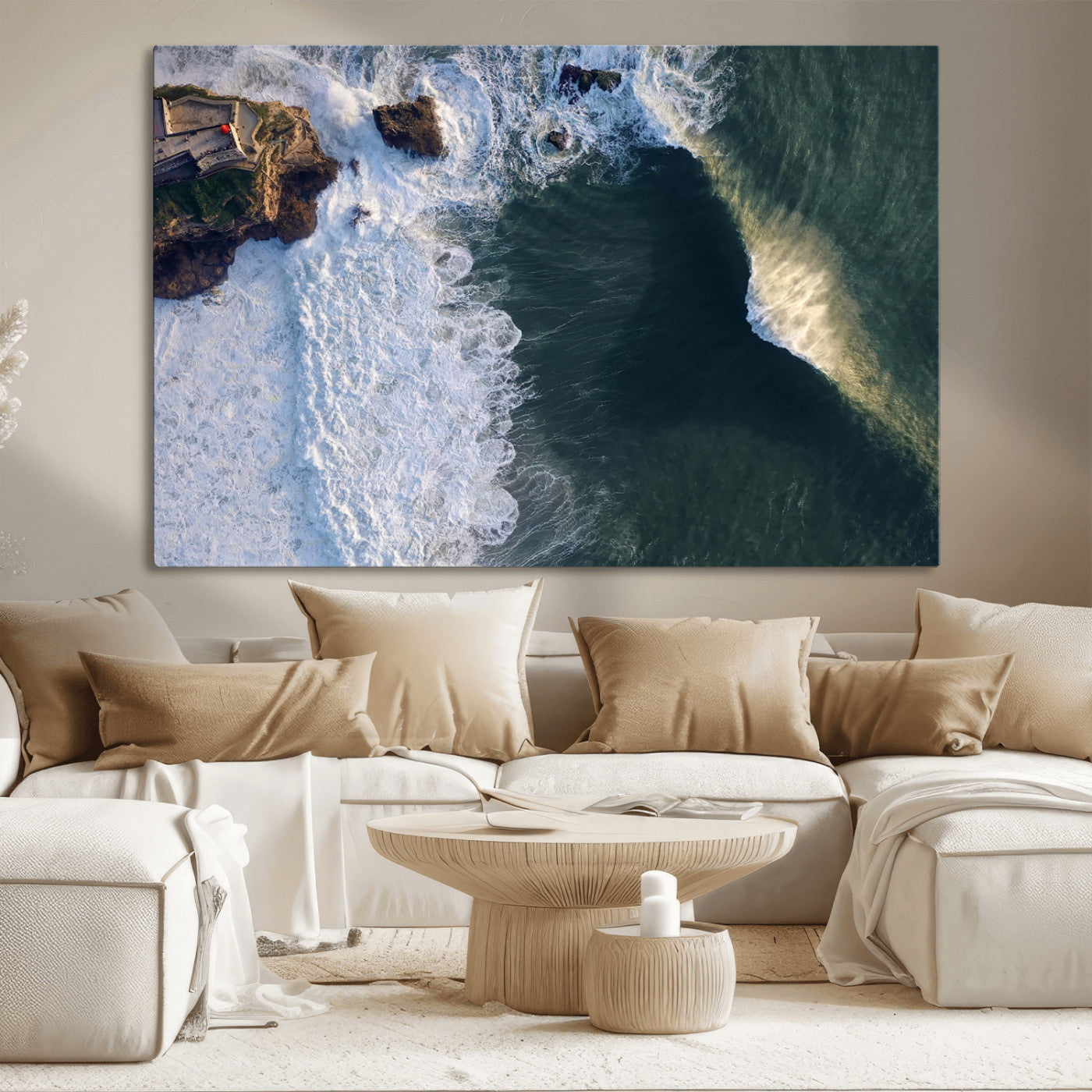Canvas showing an aerial view of crashing waves along the Nazaré coastline, perfect for dramatic coastal or ocean-themed home decor.