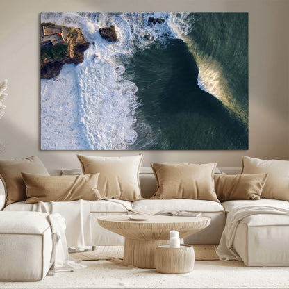 Canvas showing an aerial view of crashing waves along the Nazaré coastline, perfect for dramatic coastal or ocean-themed home decor.