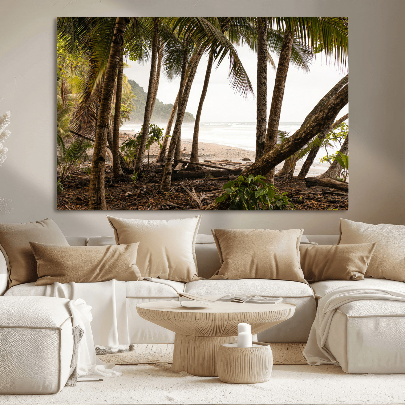 Dense tropical palm trees framing a sandy beach and ocean shore, ideal for jungle or coastal themed interior wall decor.