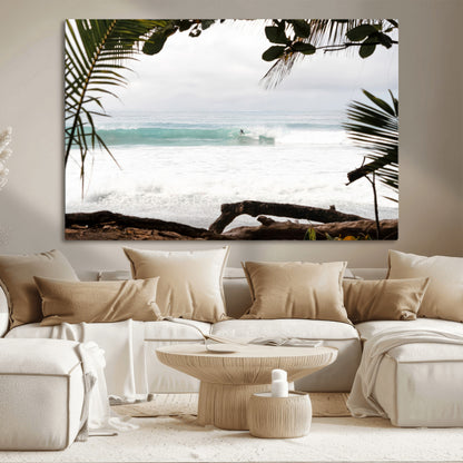 Tropical beach view with palm trees and surfer riding a wave, perfect for boho or coastal-inspired interior wall decor.