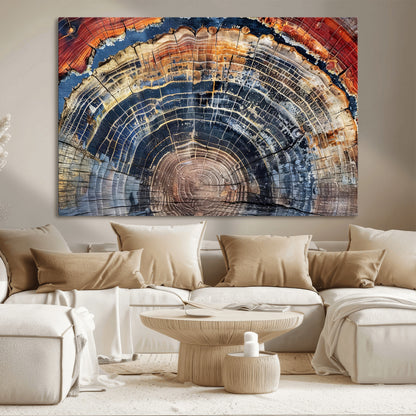 Vibrant tree ring with orange, brown, and blue tones in abstract detail, perfect for rustic or boho-inspired wall decor.