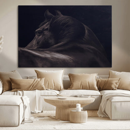 Close-up of a black horse with dramatic lighting on a dark background, perfect for rustic or masculine home decor.