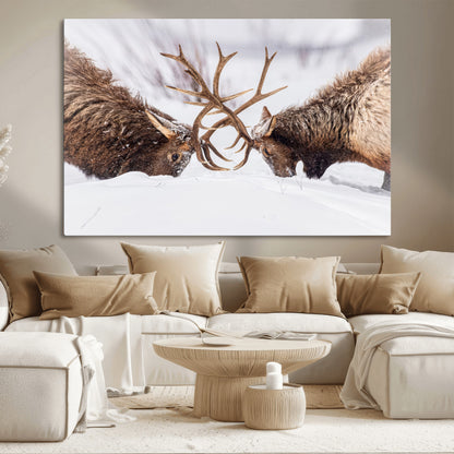 Two elk clashing antlers in a snowy forest, capturing raw power and wild energy, ideal for rustic cabin or lodge-style decor.