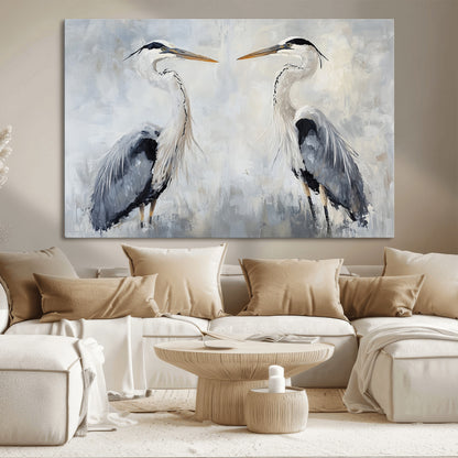 Two herons facing each other on a soft-toned background with blue-grey feathers, perfect for tranquil, coastal or nature-themed interiors.