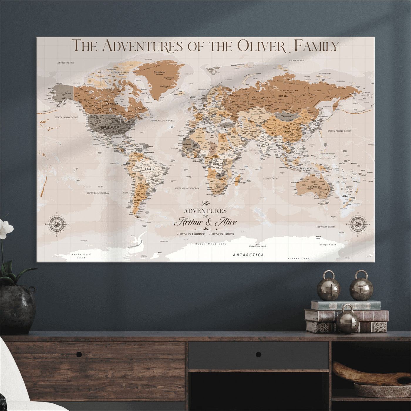 43101120-MGV-CV-36X24-World Travel Map with Pins – Push Pin Maps of Where I've Been, Framed Wall Map for Travel Memories, Old Style Decorative World Map - H10