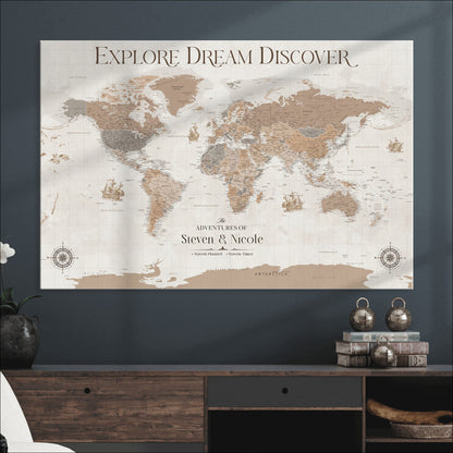 95738134-MGV-CV-36X24-Custom Push Pin World Map Wall Canvas Print – Personalized Travel Tracker with Pins – Framed Large Multi-Size Canvas for Home Office Decor