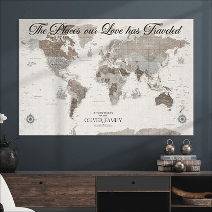 88245481-MGV-CV-36X24-Custom Push Pin World Map Wall Canvas Print – Personalized Travel Tracker with Pins – Framed Large Multi-Size Canvas for Home Office Decor