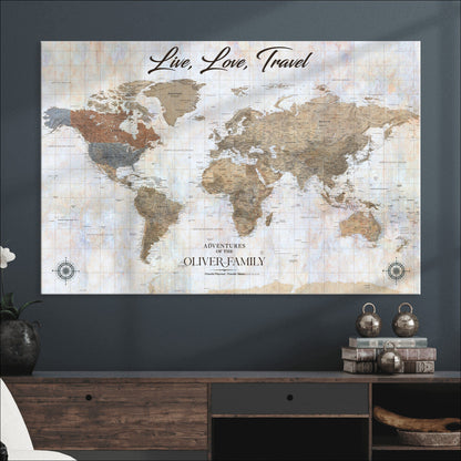 76256172-MGV-CV-36X24-Custom Push Pin World Map Wall Canvas Print – Personalized Travel Tracker with Pins – Framed Large Multi-Size Canvas for Home Office Decor