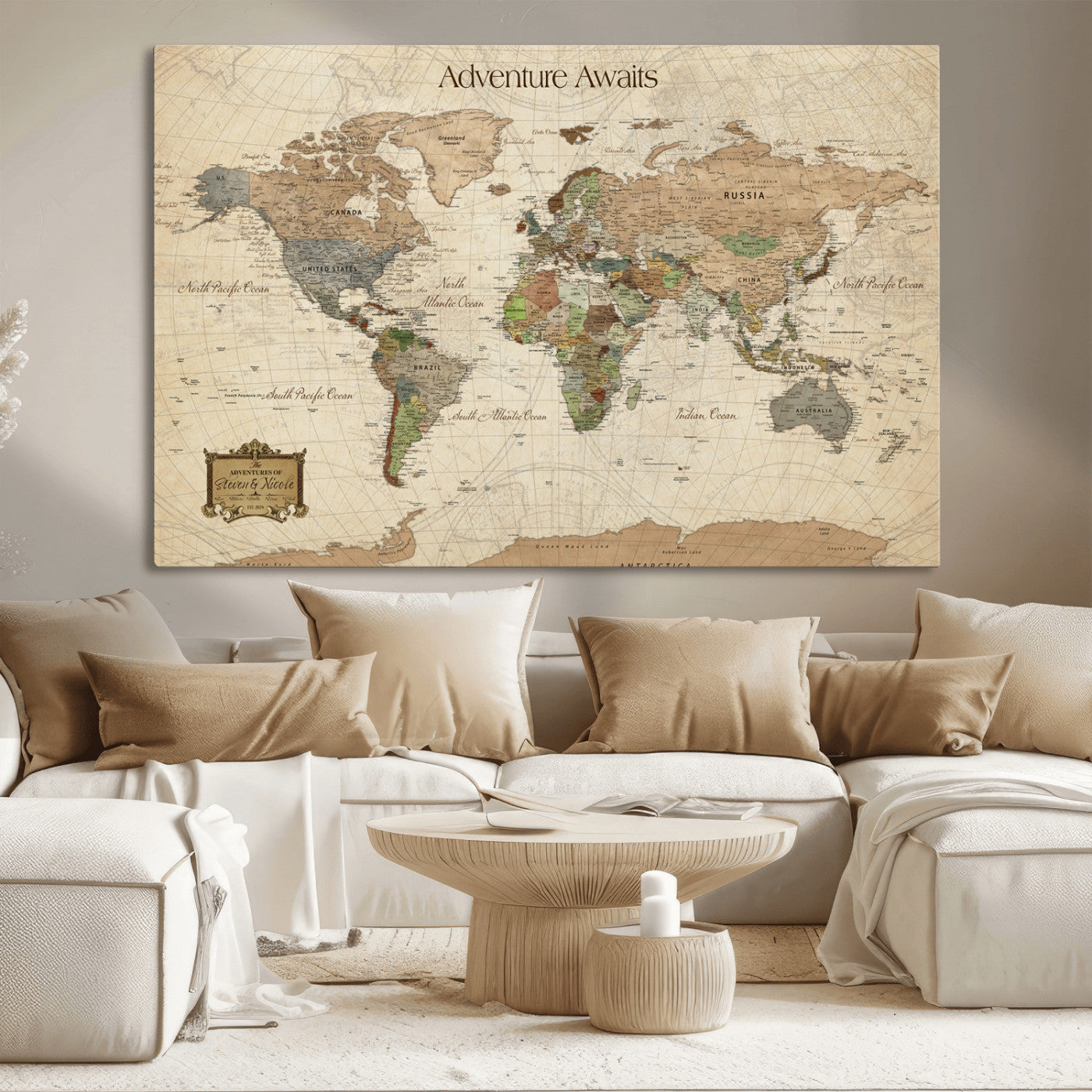 Custom Push Pin World Map Wall Canvas Print – Personalized Travel Tracker with Pins – Framed Custom Quotie Canvas for Home Office Decor