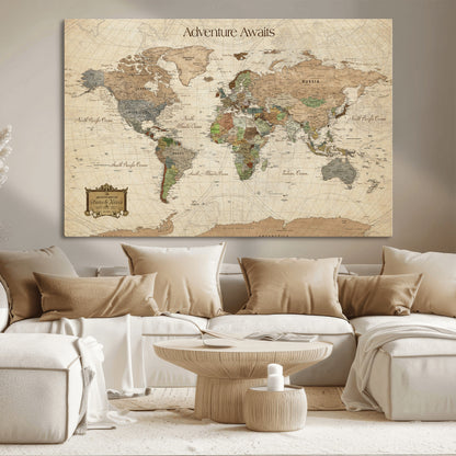 Custom Push Pin World Map Wall Canvas Print – Personalized Travel Tracker with Pins – Framed Custom Quotie Canvas for Home Office Decor