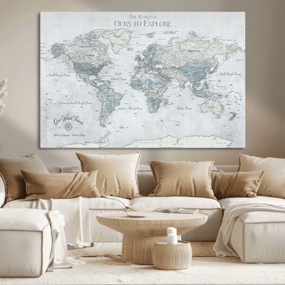 Custom Push Pin World Map Wall Canvas Print – Personalized Travel Tracker with Pins – Framed Custom Quotie Canvas for Home Office Decor