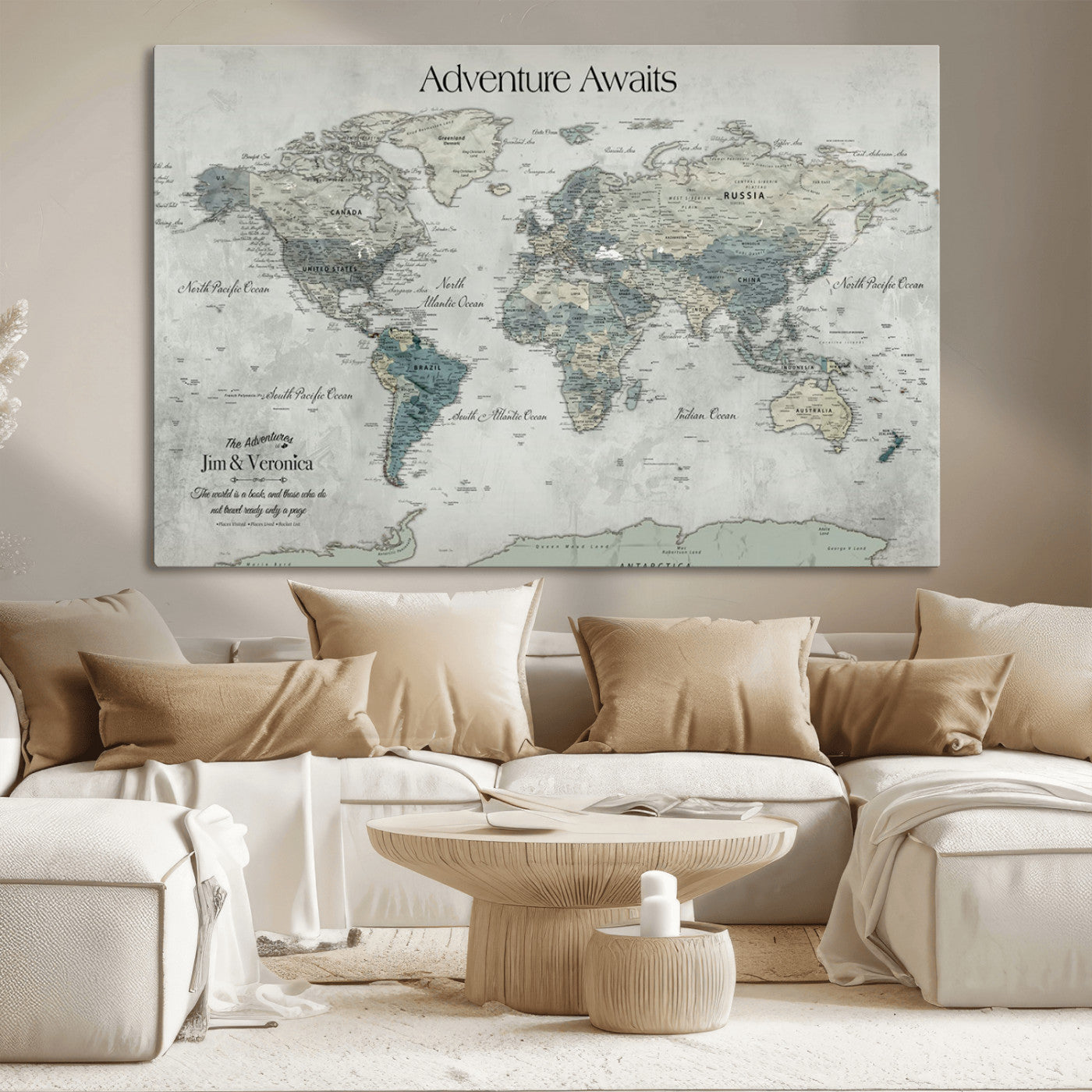 Customize Push Pin World Map Wall Canvas Print – Personalized Travel Tracker with Pins – Framed Custom Quotie Canvas for Home Office Decor