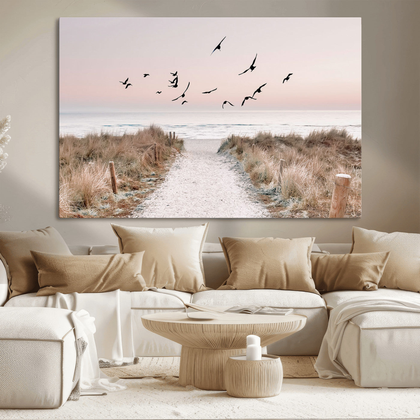 A peaceful coastal pathway leading to the ocean, with birds flying across a soft pastel sky, creating a calm and scenic beach atmosphere.