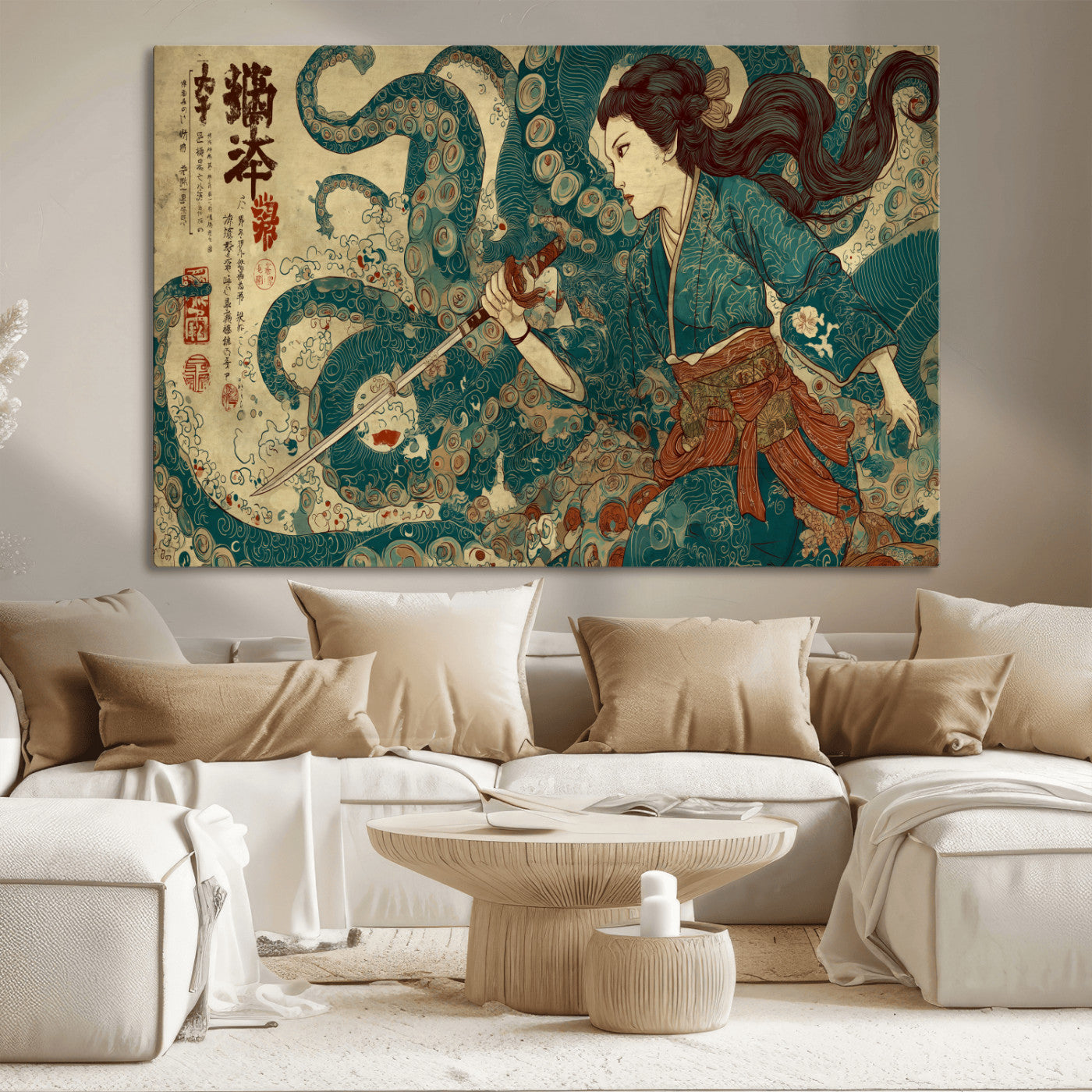 Tsukioka Yoshitoshi Samurai Wall Art Print, Japanese Katana Warrior Canvas Wall Art, Octopus Sea Monster Canvas Print,