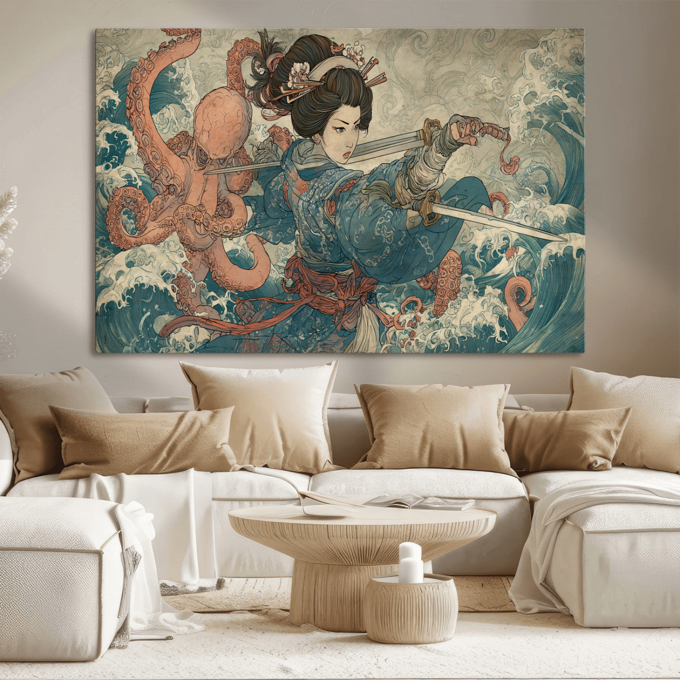 Tsukioka Yoshitoshi Samurai Wall Art Print, Japanese Katana Warrior Canvas Wall Art, Octopus Sea Monster Canvas Print,
