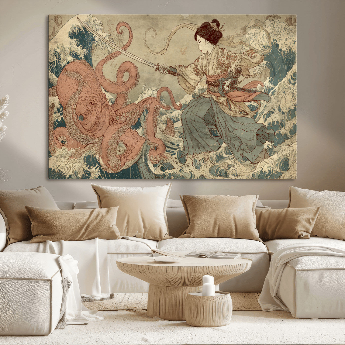 Tsukioka Yoshitoshi Samurai Wall Art Print, Japanese Katana Warrior Canvas Wall Art, Octopus Sea Monster Canvas Print,