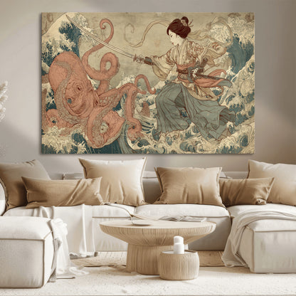 Tsukioka Yoshitoshi Samurai Wall Art Print, Japanese Katana Warrior Canvas Wall Art, Octopus Sea Monster Canvas Print,