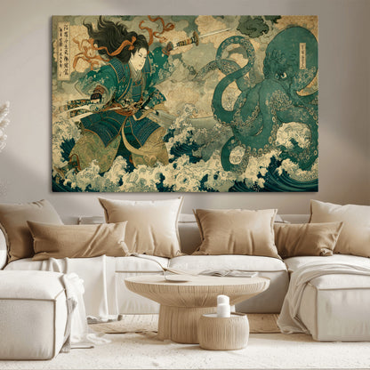 Tsukioka Yoshitoshi Samurai Wall Art Print, Japanese Katana Warrior Canvas Wall Art, Octopus Sea Monster Canvas Print,
